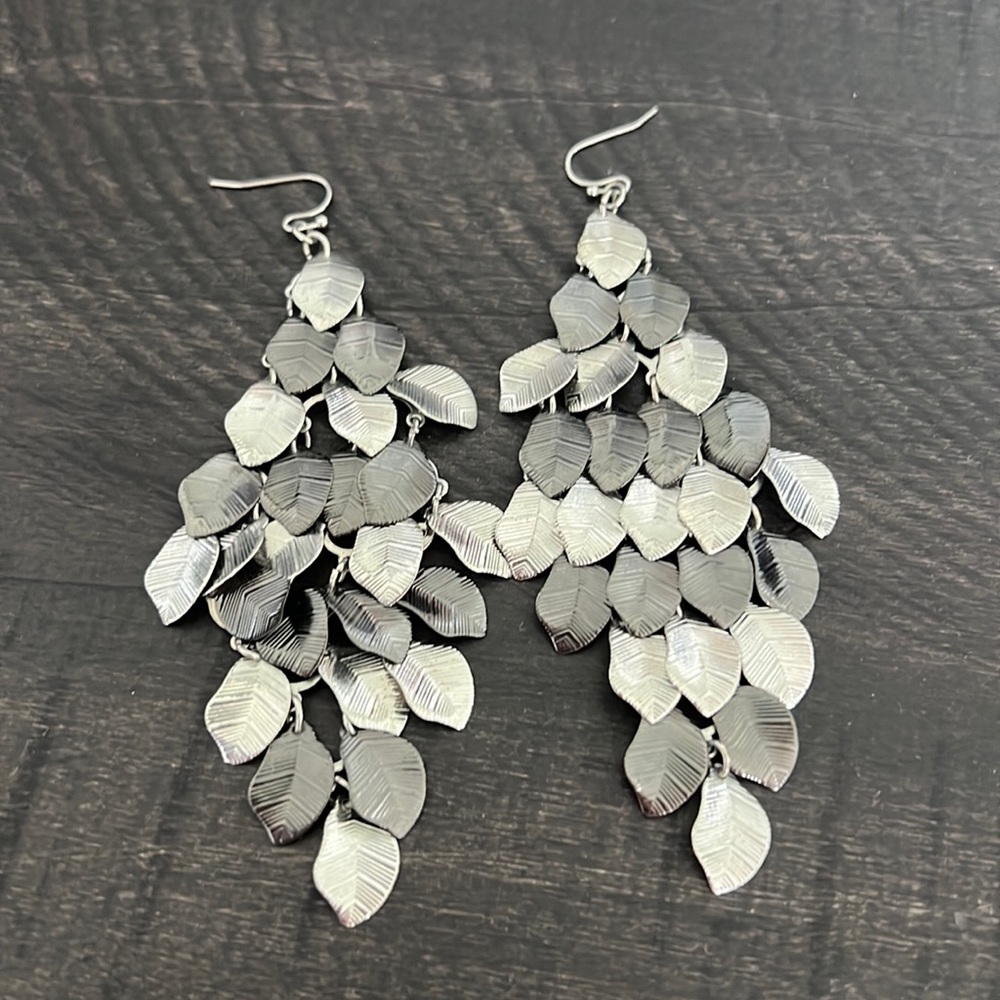 Grey and Silver hanging feather earrings